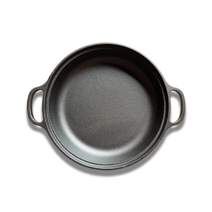 Heavy duty cast iron frying pan with dual handles for induction cooktop, 80-100 chars