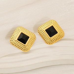 French vintage square gold stud earrings with black gemstone and textured edges