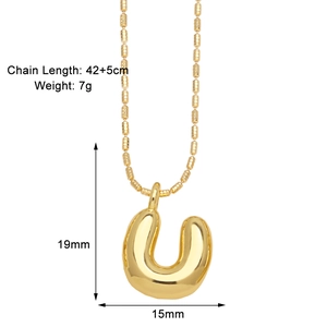 Detailed sizing chart for gold letter U balloon pendant with bead chain measurements