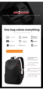 Detail view of large capacity waterproof business backpack with laptop compartment and storage