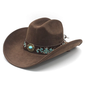 Chapeau de jazz en daim marron à large bord avec broderie turquoise et boucle métallique