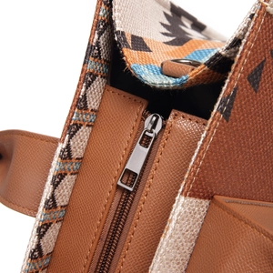 Detail of metal zipper on brown textured leather and geometric fabric of crossbody bag