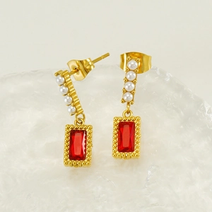 Vintage 18k gold plated square earrings with red zircon and white pearls for women