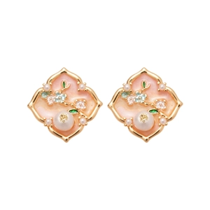 Elegant floral rhombic stud earrings with pink enamel and white pearls on gold frame