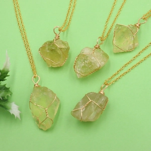 Natural light green crystal raw stone pendants with handmade gold wire wrapping
