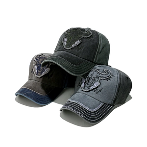 Retro washed cotton baseball caps with embroidered bull skull and multi-stitch brim