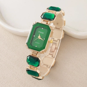 Elegant Women Bracelet Quartz Watch With Emerald Cut Artificial Gemstones Square Zinc Alloy Case Rhinestone Dial Fashion Luxury