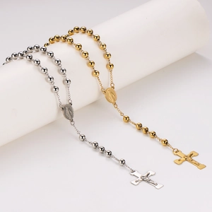 Golden and silver stainless steel rosary necklaces with cross and religious pendants