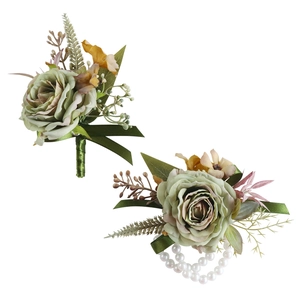Wedding boutonniere and wrist corsage set with vintage green roses and white pearls