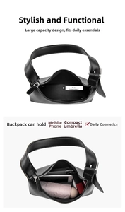 Detail view of large capacity black leather crescent shoulder bag with daily essentials