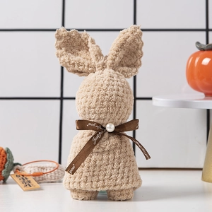 Cute light brown rabbit-shaped coral fleece towel gift with pearl ribbon decoration