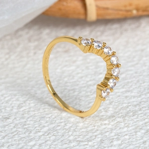 Elegant 18k gold plated V-shaped ring with zircon stones for minimalist stacking