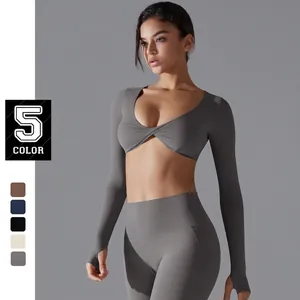 Top Yoga da Donna a Manica Lunga Vestibilità Aderente Nodo Incrociato Scollo a V Crop Top Con Fori per il Pollice Abbigliamento Sportivo Poliammide Elastan