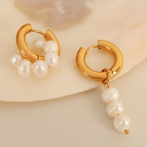 Boucles D'oreilles Créoles Asymétriques Vintage Françaises En Acier Inoxydable Avec Perles D'eau Douce Bijoux Dorés Pour Femmes