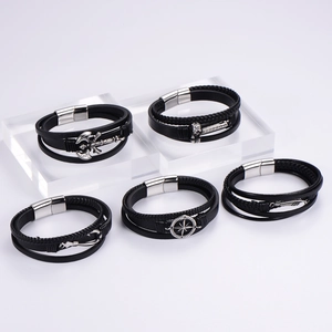 Men Multilayer Leather Bracelet Stainless Steel Magnetic Clasp Vintage Punk Viking Wolf Head Compass Jewelry