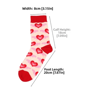 Size diagram showing dimensions of pink heart pattern cotton crew socks with red accents