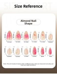 Size chart for almond-shaped press-on nails featuring 12 dimensions from 7mm to 14.1mm