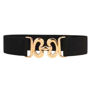 Women's black elastic waist belt with interlocking gold geometric circle buckle on white