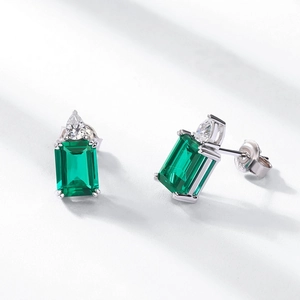 Vintage emerald-cut green stud earrings with S925 silver base and teardrop zircons