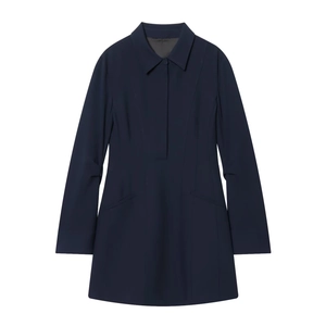 Mini Shirt Dress Long Sleeve Stretch Polyester Hidden Placket Pocket High Waist A-Line Office Casual Solid Navy