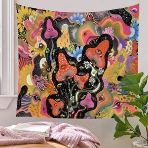 Detail of psychedelic mushroom tapestry with abstract eye patterns in a cozy room setting