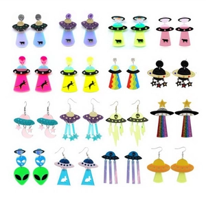 Detailed grid view of 16 pairs of colorful acrylic alien and UFO dangle earrings