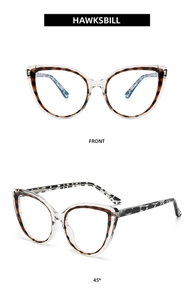 Detail view of cat eye glasses with tortoiseshell and transparent frame from front and side