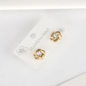 18K gold plated flower-shaped stainless steel stud earrings with single zircon stone