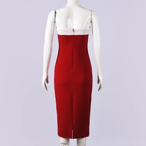 Detailed back view of a slim-fit strapless dress with a white contrast neckline and zipper