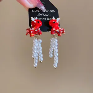 Red Enamel Horse Animal Earrings With White Artificial Pearl Tassels And 925 Sterling Silver Earring Post Cute Chinese Style For Women