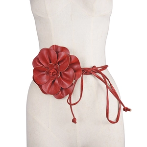 Red PU leather waist belt with large bohemian flower and long wrap-around tie closure