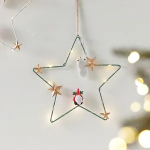 LED Christmas Hanging Ornament Iron Star Moon Glowing Wall Decor With Resin Gnome Angel Festive Decoration