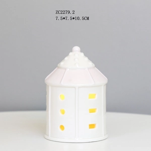 Close-up of white ceramic LED house lamp with hole details and product dimensions