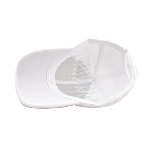 Detail view of the white plush baseball cap's inner structure and soft faux fur material