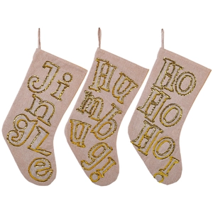 Set of three linen Christmas stockings featuring elegant gold sequin embroidery phrases