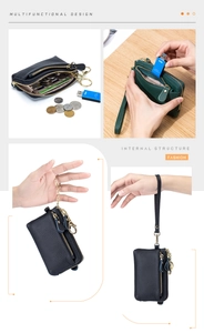 Macro view of genuine leather coin pouch detail with metal zipper and wrist strap