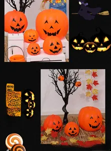 Collage of glowing orange pumpkin lanterns in various sizes for Halloween scene decoration