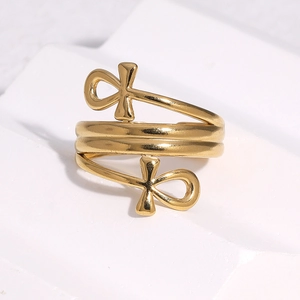 Adjustable 18k gold plated stainless steel ring featuring a vintage Egyptian Ankh design