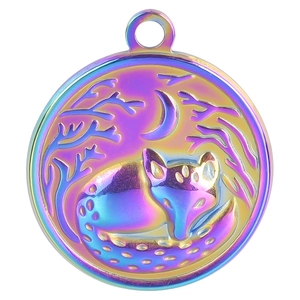 Rainbow plated stainless steel fox and crescent moon pendant necklace with oil press finish
