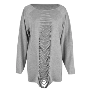 Detail of grey knit sweatshirt featuring laddered distressed cut-outs on the front