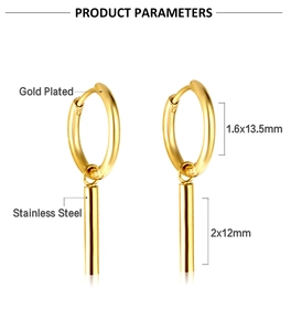 Macro view of gold-plated stainless steel hoop earrings with cylinder pendant measurements