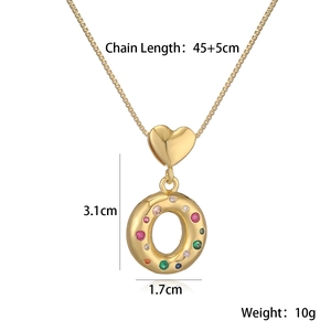 Detailed size chart for 18K gold plated letter O pendant necklace with colorful zircons