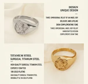 Detail view of 3D angel relief rings in polished gold and silver titanium steel