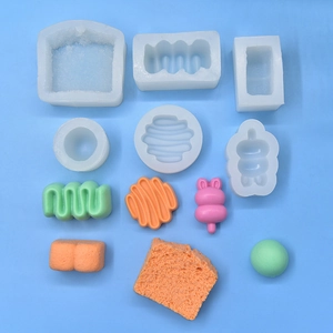 Silicone baking mold set for cute bear toast and pastry shapes with finished colorful samples