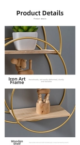 Detail of round gold metal frame and solid wood shelf with premium handmade welding