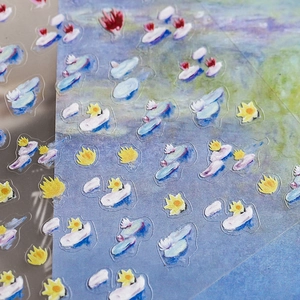 Impressionist water lily nail stickers featuring artistic Monet style oil painting designs