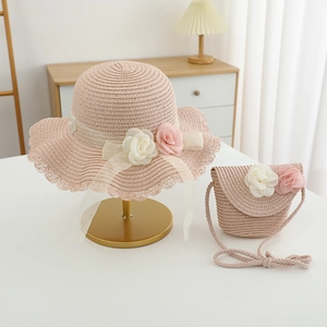 Straw sun hat and floral bag set for girls with lace edge and pearl flower accents