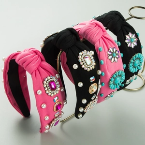 Luxus Boho Knoten Stoff Stirnband Für Damen Strass Künstliche Perle Türkis Künstliche Perlen Mode Breitrand Haarreif Kopfschmuck Accessoires