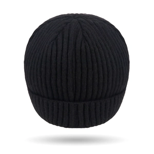 Classic black rib-knit winter beanie for men and women with thick cuffed brim design