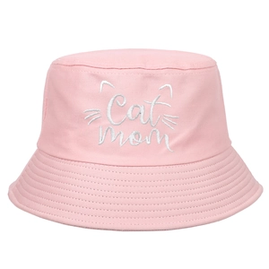 Pink cotton bucket hat with white Cat Mom embroidery and cat ears design on plain white background